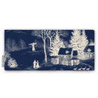 Village Toile Christmas table runner in ivory on navy, folded on white, showing villagers and cottages in the snow