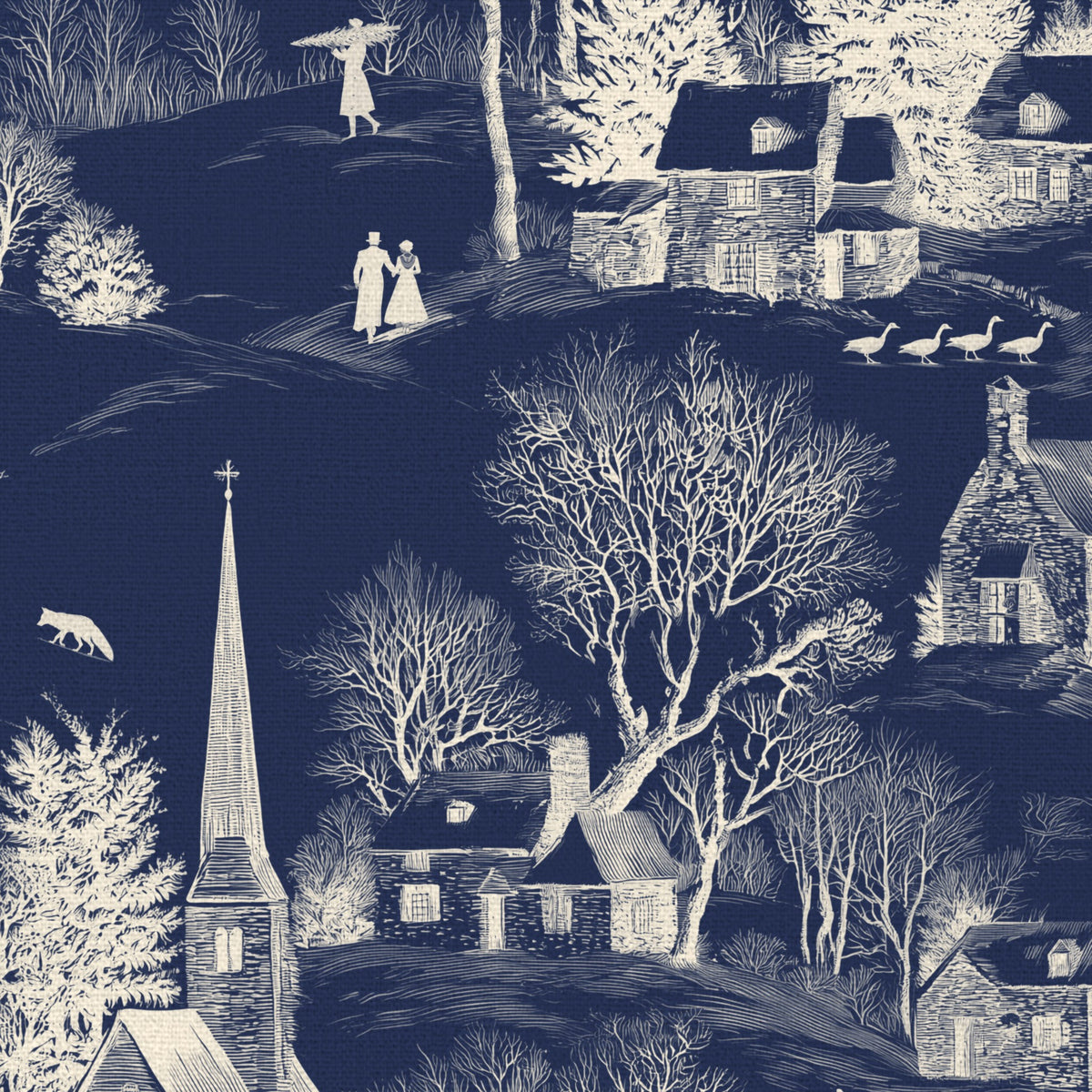 Close-up of the Village Toile Christmas table runner print in ivory on navy cotton, showing a snowy village
