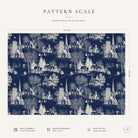 Pattern scale of the Village Toile Christmas tablecloth in ivory on navy across its 144 cm width, with care notes