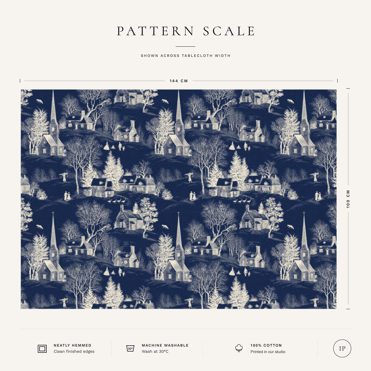 Pattern scale of the Village Toile Christmas tablecloth in ivory on navy across its 144 cm width, with care notes
