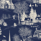 Close-up of the Village Toile Christmas tablecloth print in ivory on navy cotton, showing a snowy village