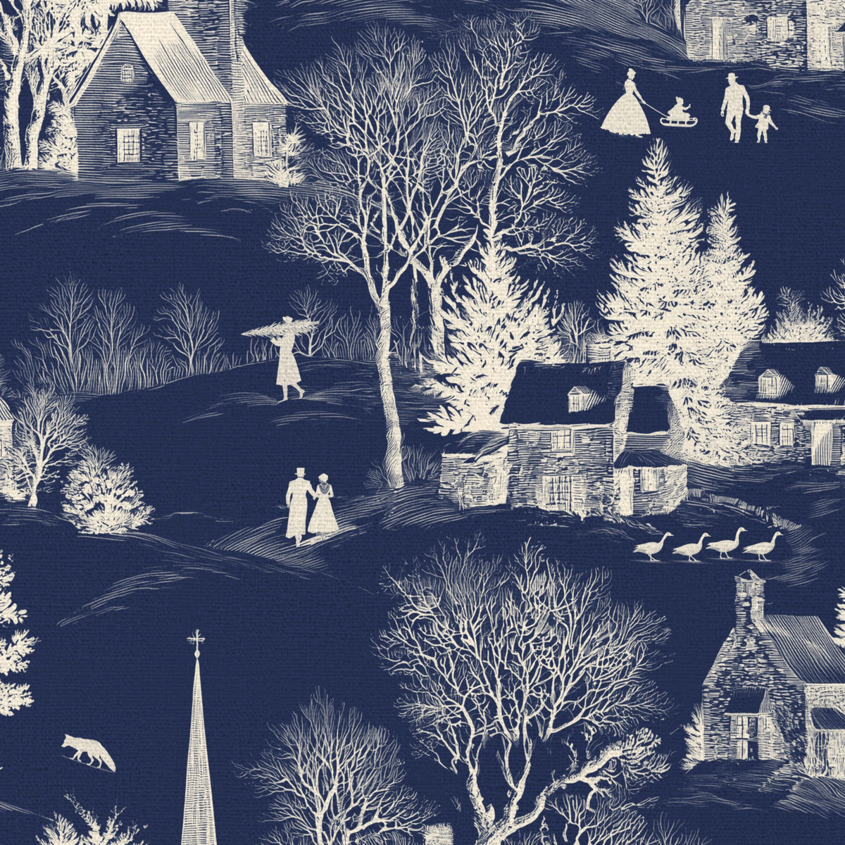 Close-up of the Village Toile Christmas tablecloth print in ivory on navy cotton, showing a snowy village