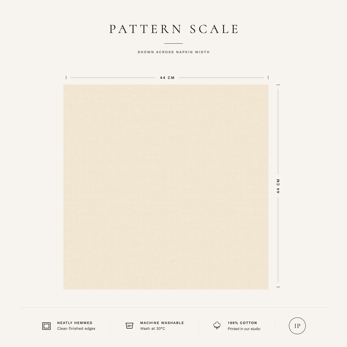 Ivory Plain Christmas napkin pattern scale, showing the full 44 cm by 44 cm design.