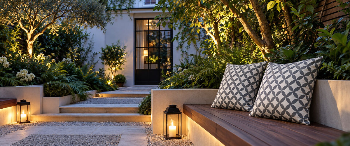 Grey and white Bahia outdoor cushions on a timber bench in a lantern-lit courtyard.