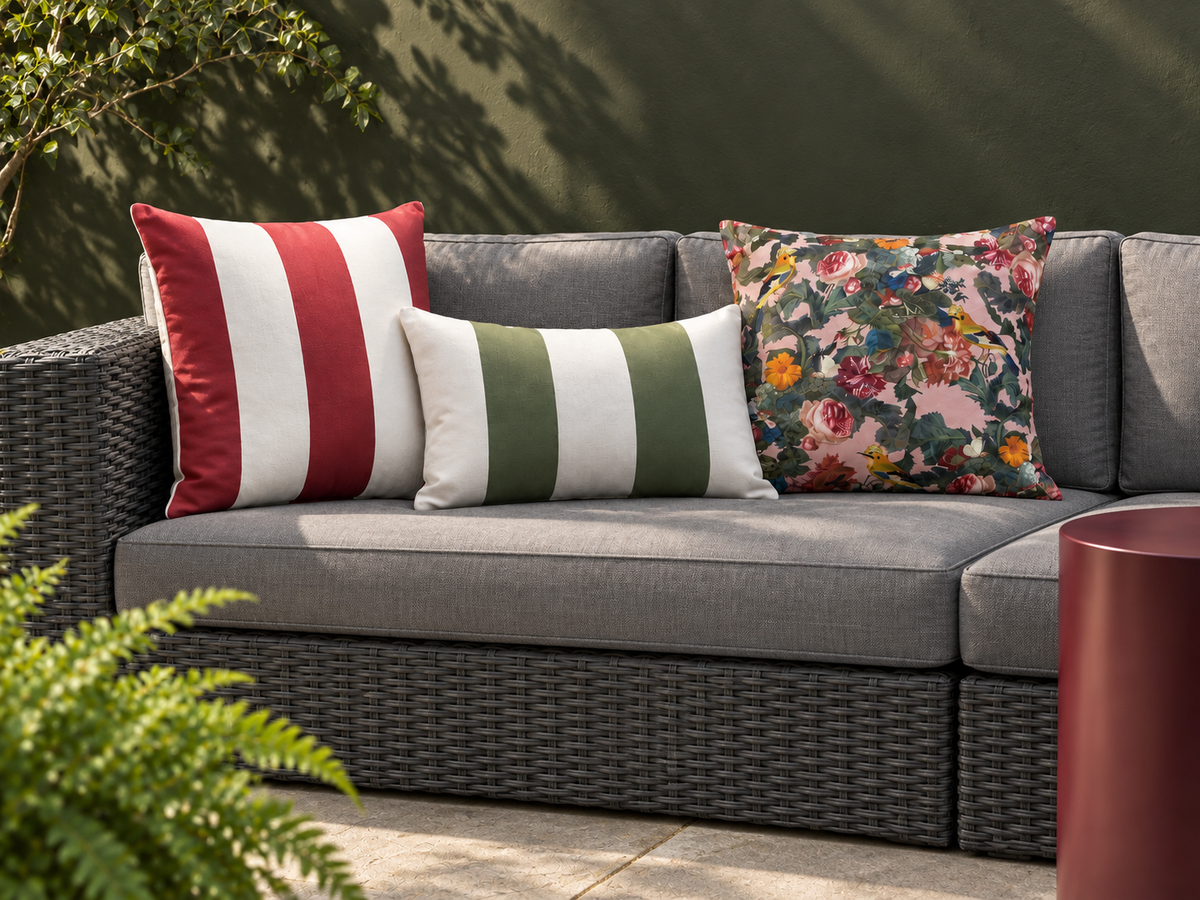 Raspberry and sage striped cushions mixed with a Rosewater bird-print cushion on a contemporary grey rattan garden sofa.