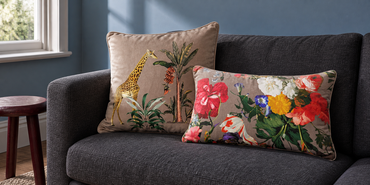 Dovedale Stone Giraffe and Garden Bouquet velvet cushions on a charcoal sofa in a blue room.