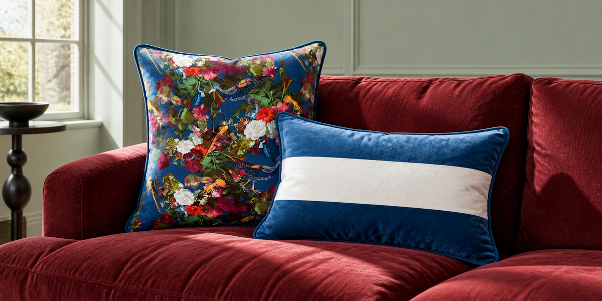 Estate Blue Manor House Garden and striped velvet cushions on a wine red sofa in a celadon room.