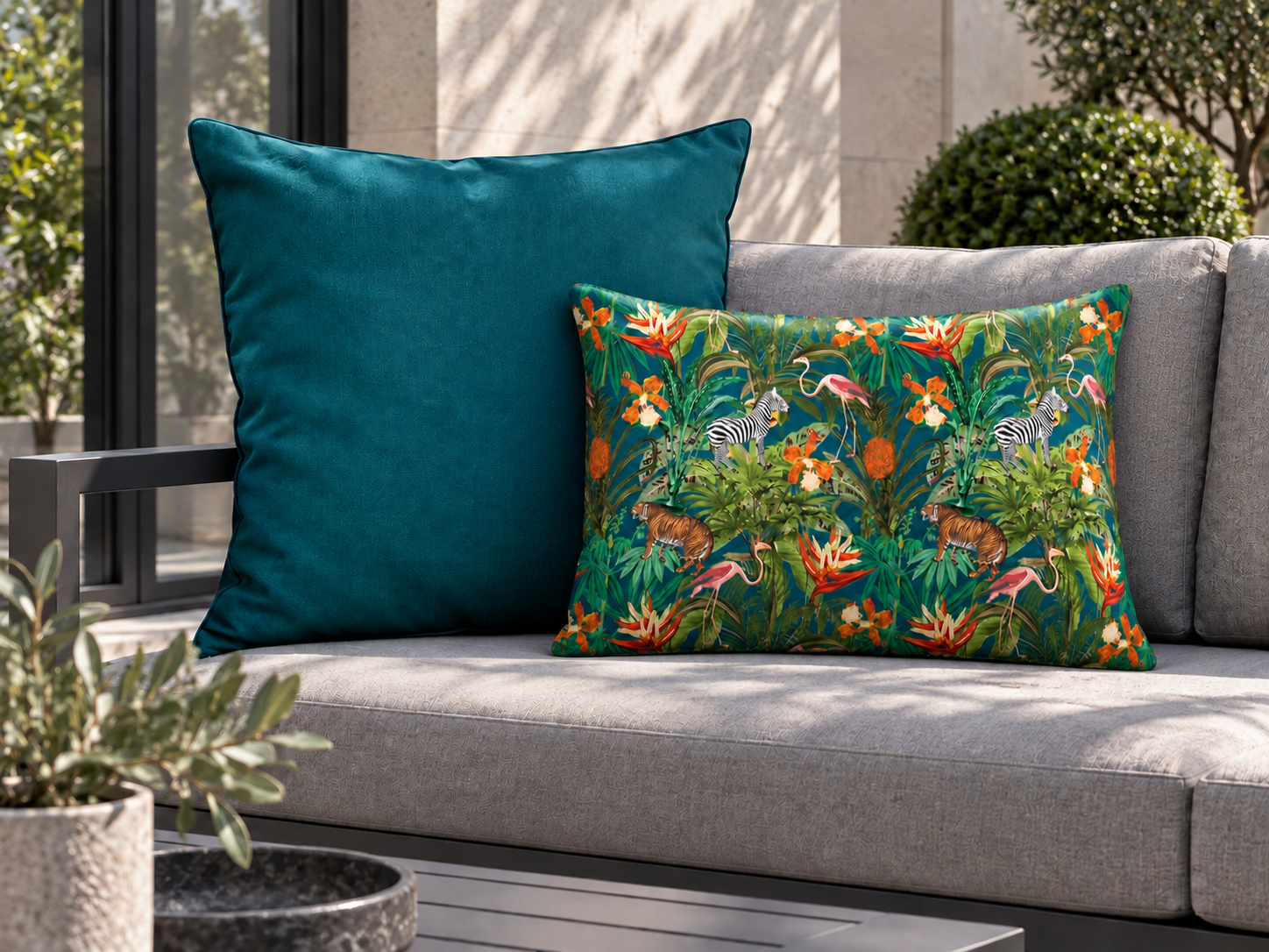 Extra-large teal square and Jungle Fusion rectangular outdoor cushions on a contemporary grey garden sofa.