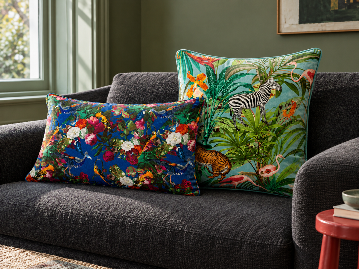 Blue Surf Jungle Fusion square and Estate Blue Manor House Garden rectangular velvet cushions on a deep charcoal sofa in an olive room.