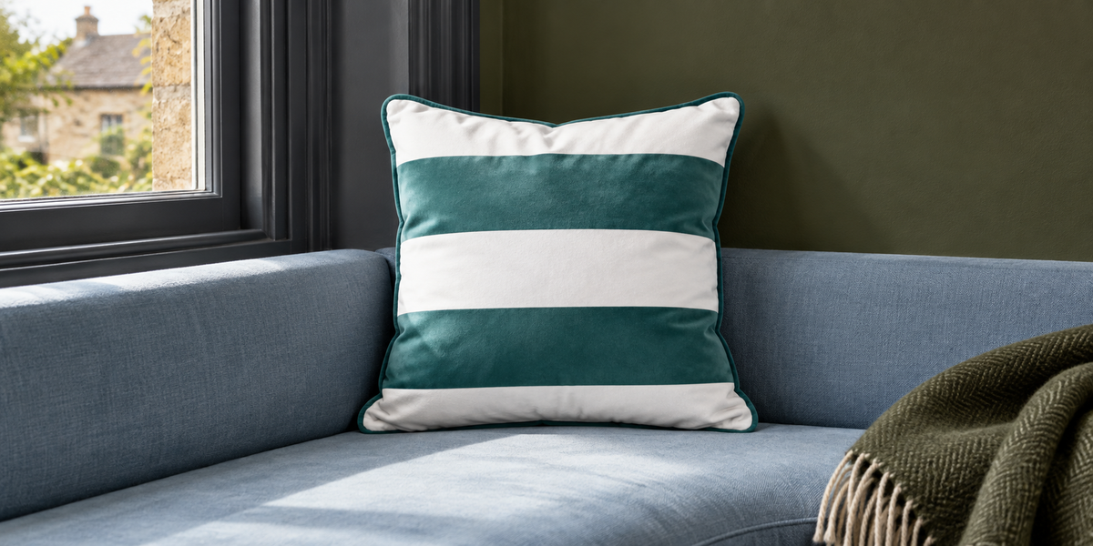 Forest Biome striped velvet cushion on a blue window seat against an olive wall.