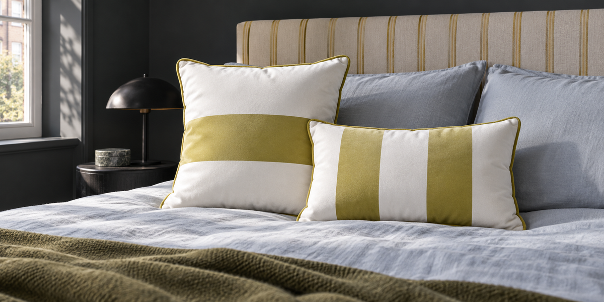 Golden Lime striped square and rectangular velvet cushions on blue bedding with a striped headboard.