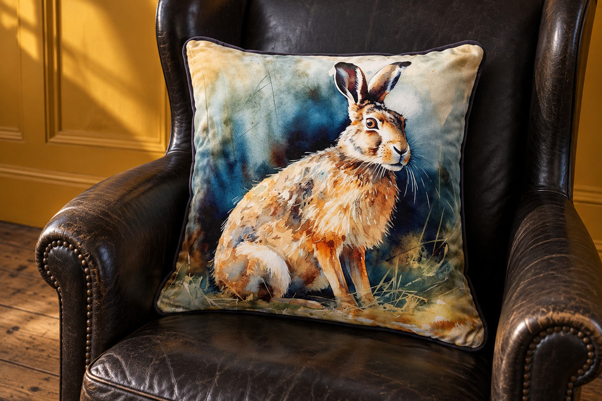 Hare watercolour velvet cushion on a worn black leather wingback chair beside mustard-yellow painted panelling.