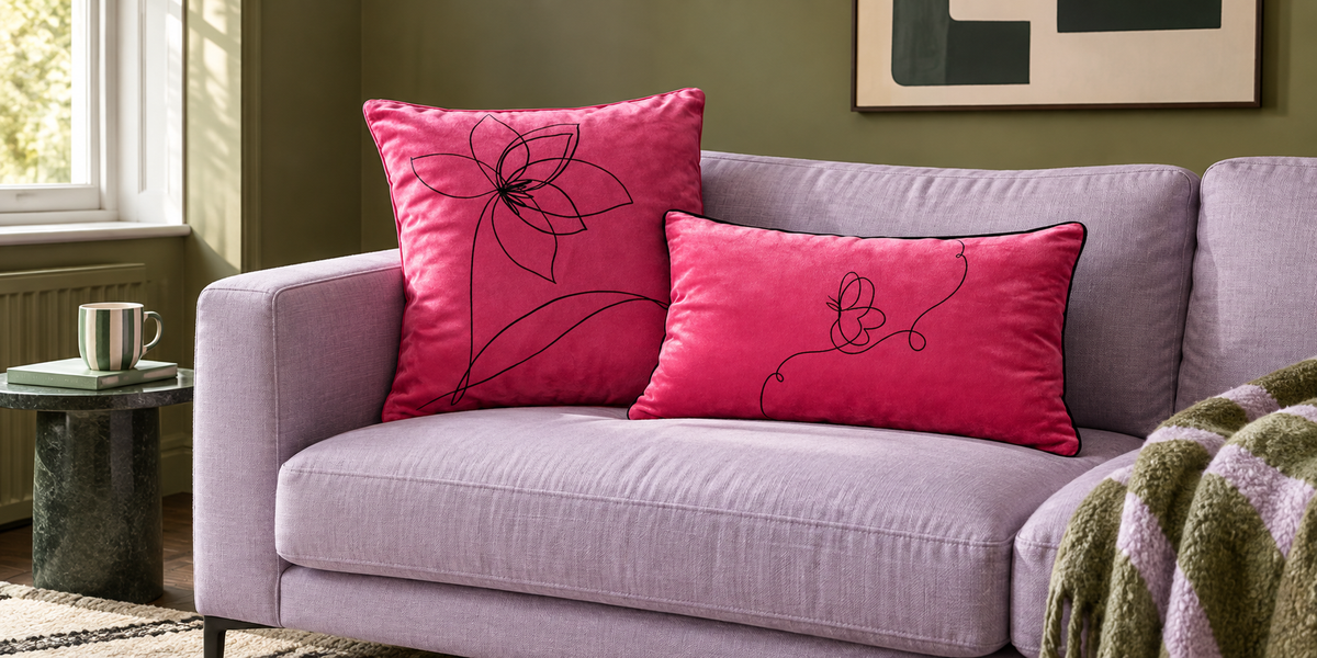 Hot Pink Flower square and Butterfly rectangular velvet cushions on a lilac sofa in an olive room.