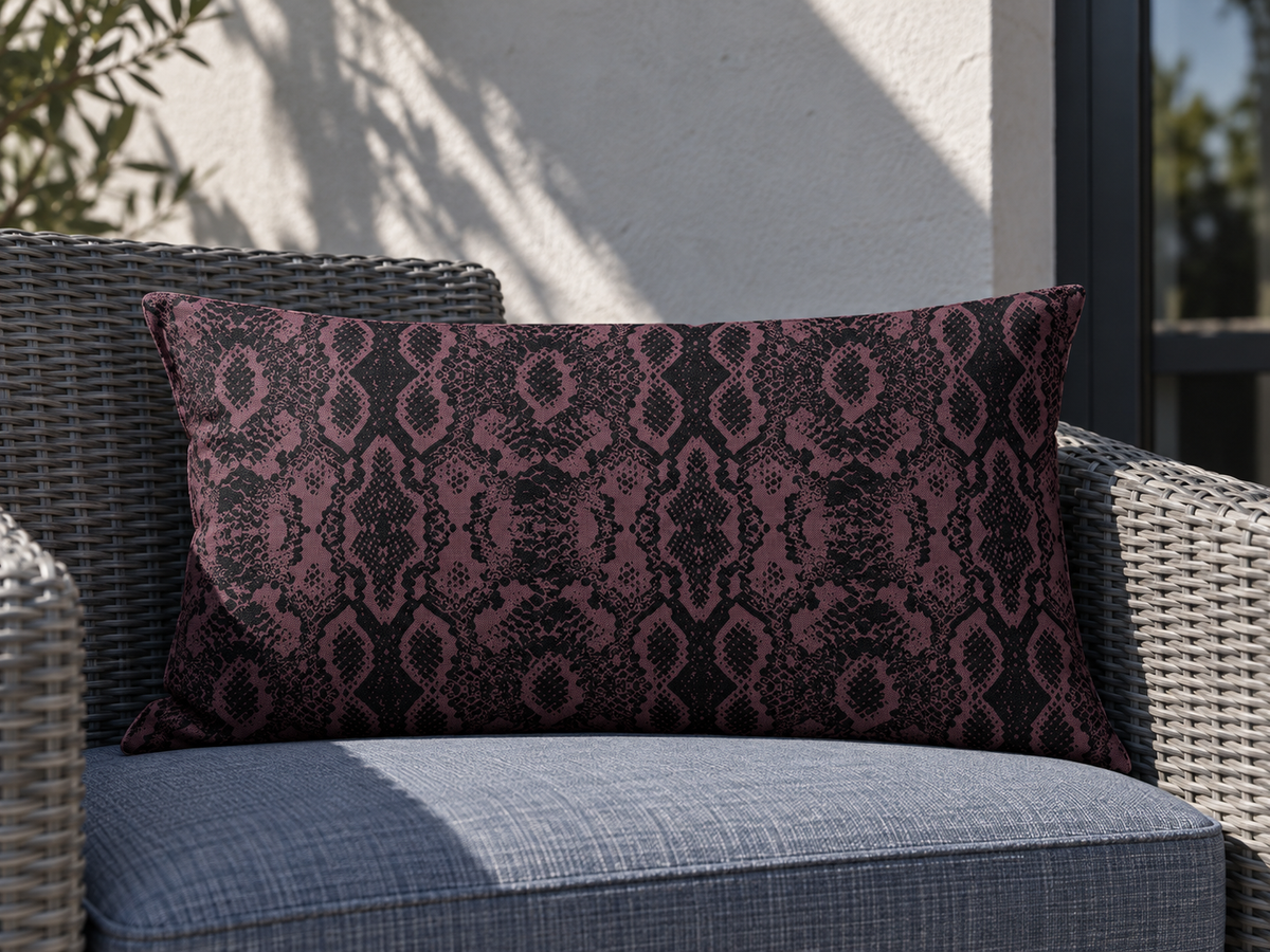 Italian Grape Exotic Snake Print outdoor cushion on garden seating in a British courtyard