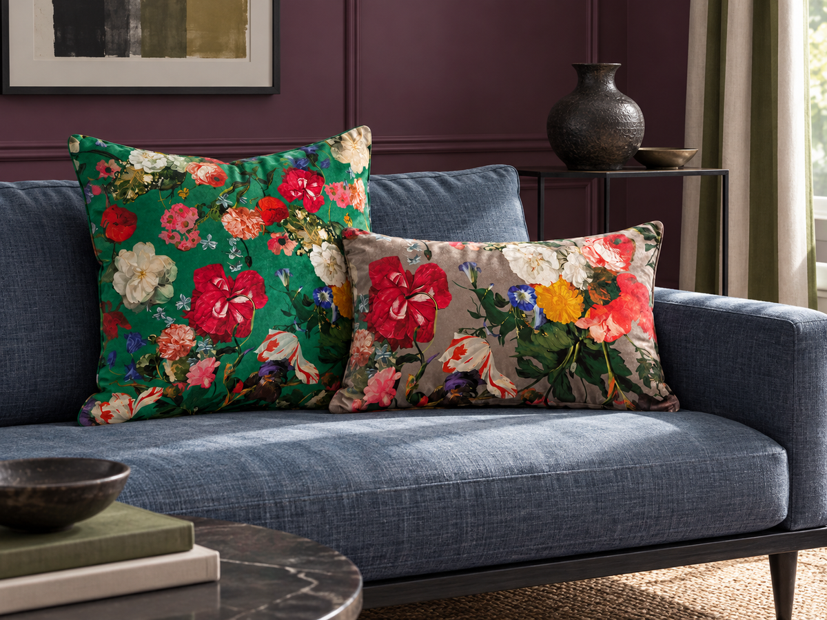 Emerald Green and Dovedale Stone Garden Bouquet velvet cushions on a slate blue sofa against aubergine walls.