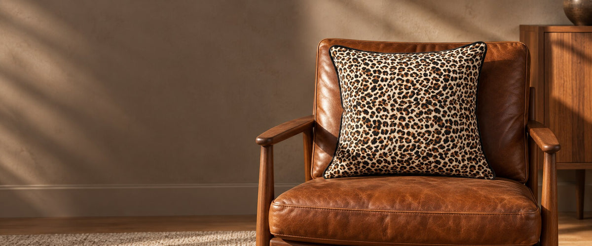 Cream Leopard Print velvet cushion with black piping on a tan leather and teak chair.