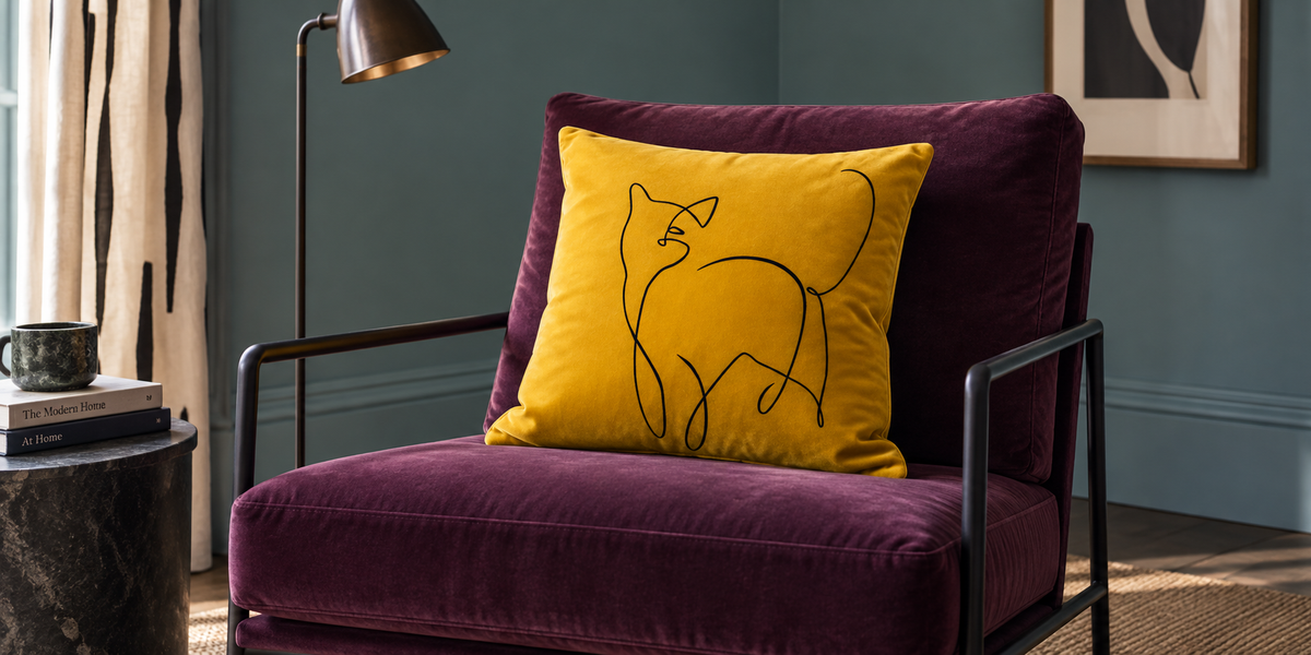 Mustard Ochre Cat velvet cushion on a plum reading chair beside a striped curtain.