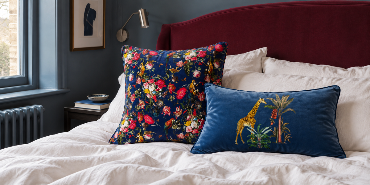 Midnight Monkey Puzzle and Estate Blue Giraffe velvet cushions on white bedding in a blue room.
