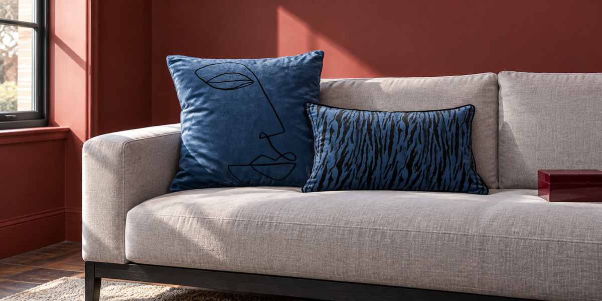 Petrol Blue Joyful Face and Tiger Print velvet cushions on a pale grey sofa in a brick red room.