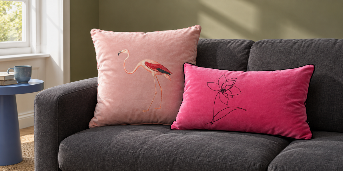 Rosewater Flamingo and Hot Pink Flower velvet cushions on a charcoal sofa in an olive room.