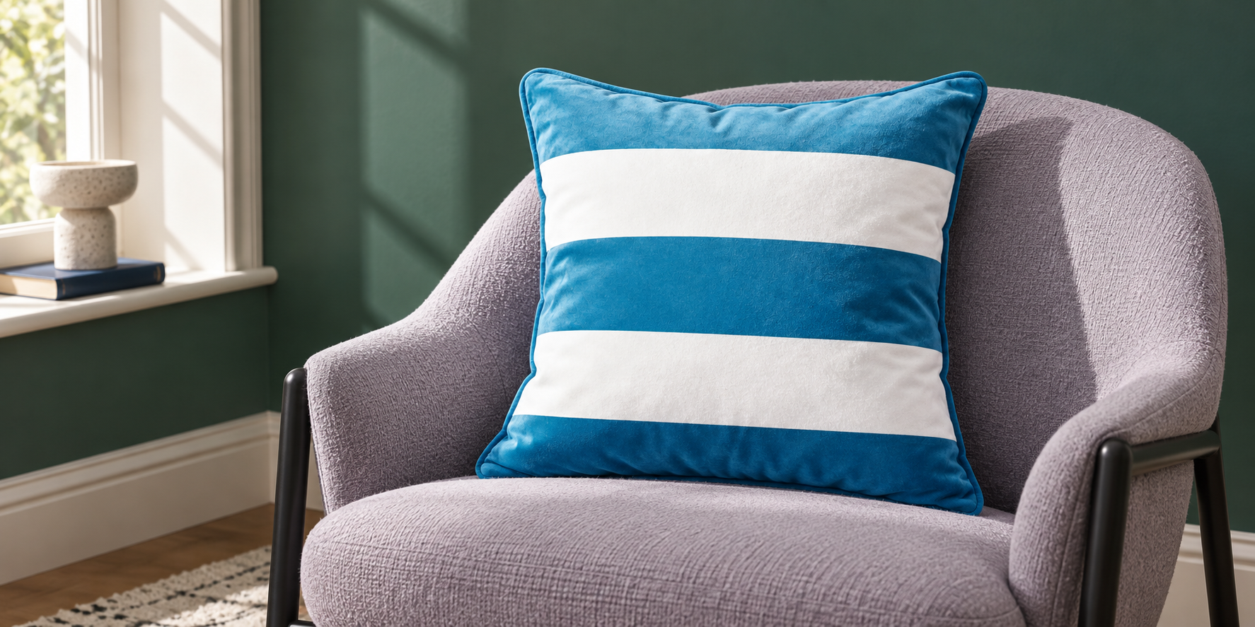 Prussian Blue striped velvet cushion on a lilac grey chair against a deep green wall.