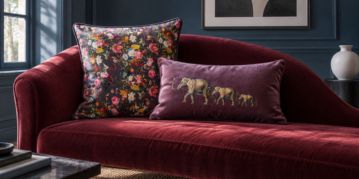 Floral Dream square and Italian Grape Elephants rectangular velvet cushions on a burgundy sofa.