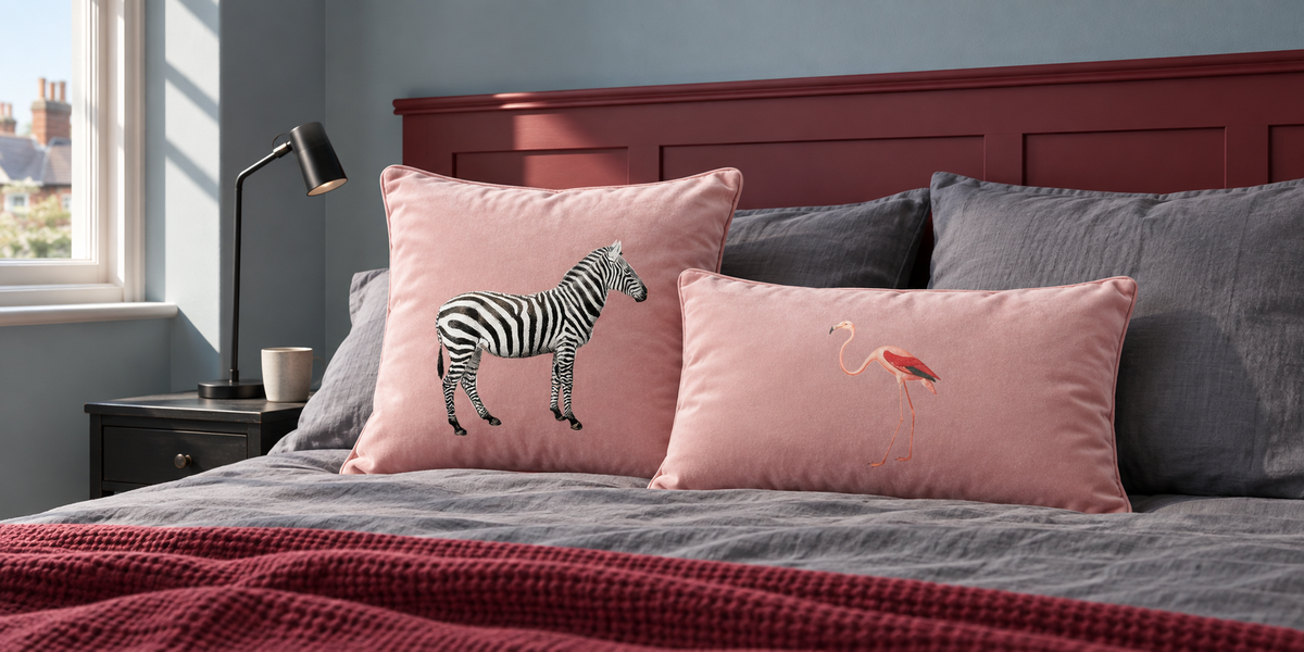 Rosewater Zebra square and Flamingo rectangular velvet cushions on grey bedding in a blue room with a burgundy headboard.