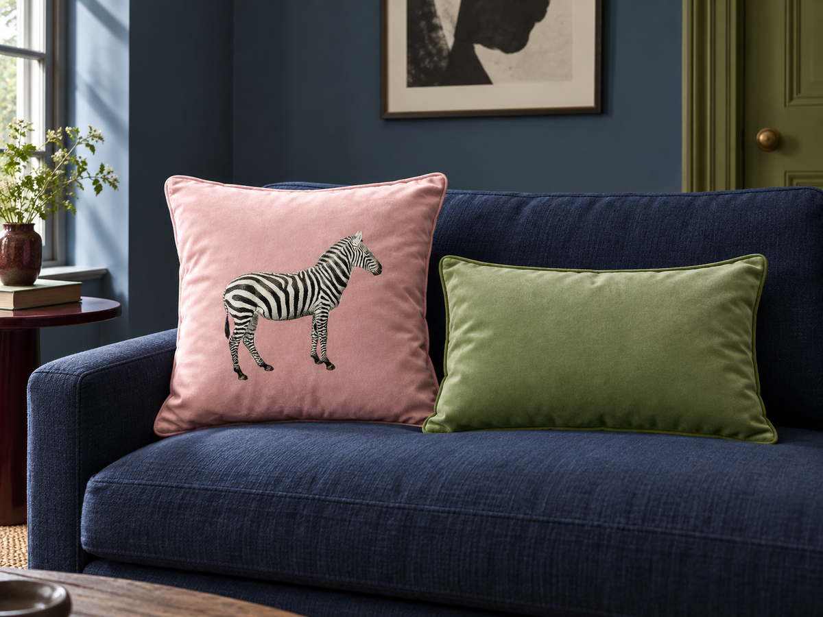 Rosewater Zebra square and compact sage rectangular velvet cushions on a smoky indigo sofa in a blue painted room.