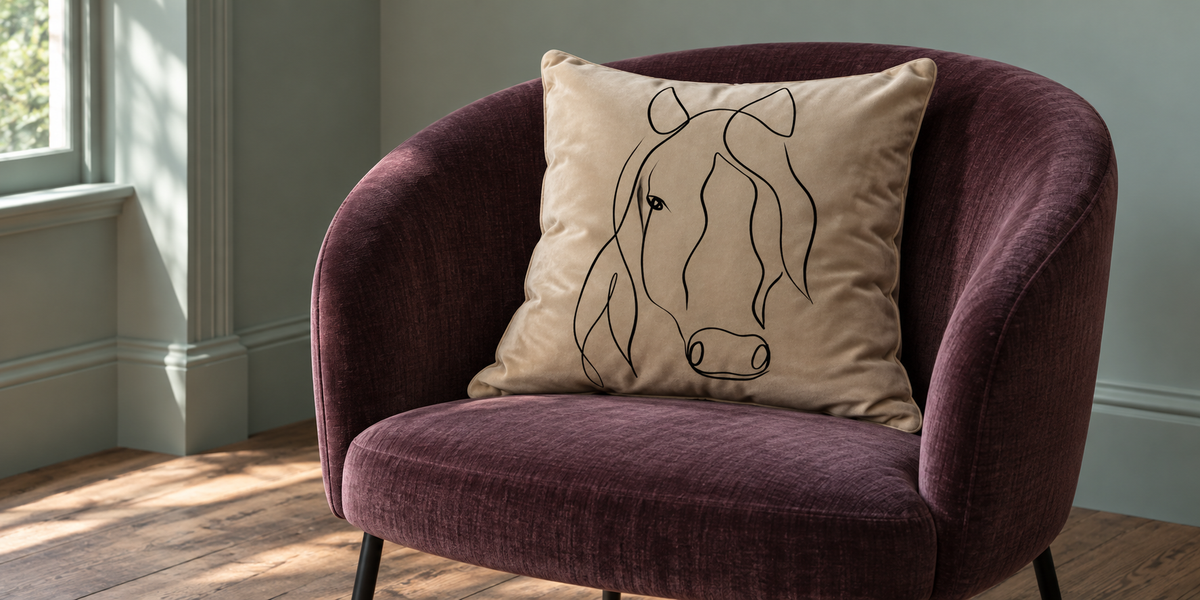Taupe Horse velvet cushion on an aubergine chair against celadon walls.