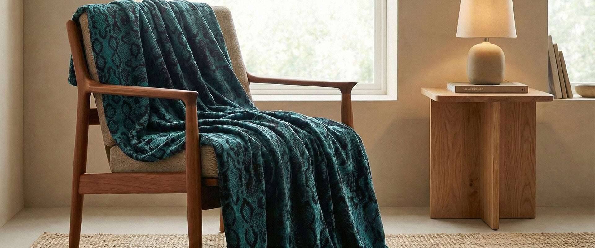 Teal snake-print velvet fabric draped over a wooden armchair beside a window.