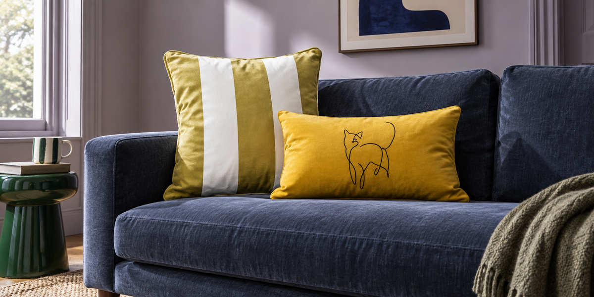 Golden Lime striped square and Mustard Ochre Cat rectangular velvet cushions on a blue sofa.