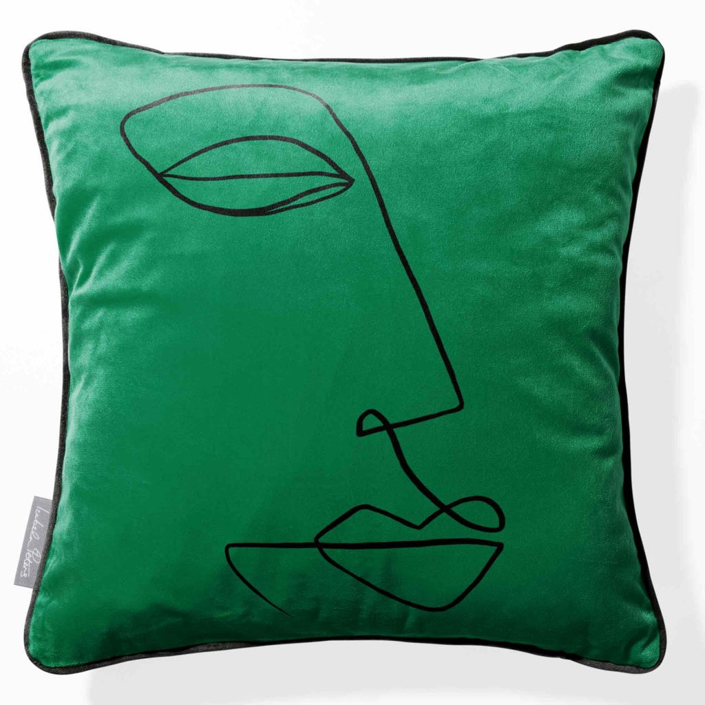 Joyful Face | Sustainable Velvet Cushion - Emerald Green 40 x 40 cm Piped by Izabela Peters