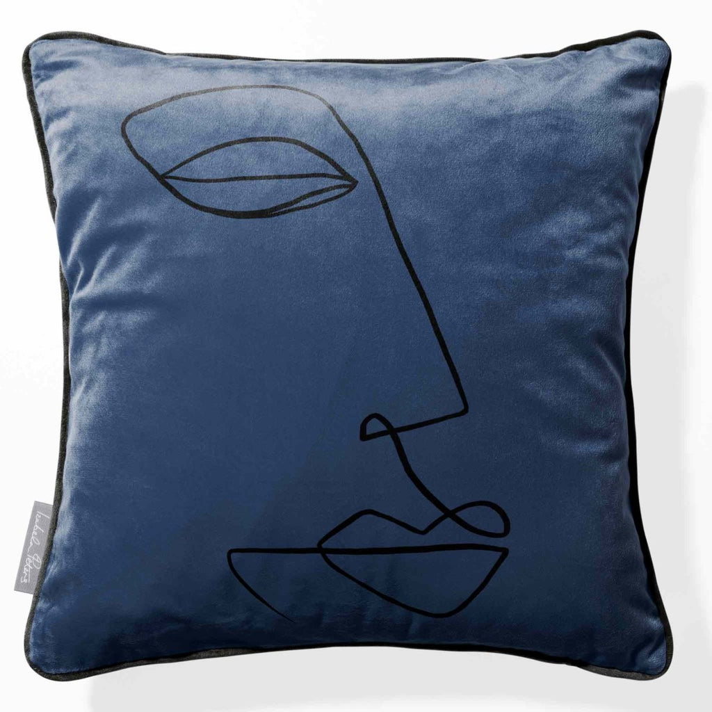 Joyful Face | Sustainable Velvet Cushion - Petrol Blue 40 x 40 cm Piped by Izabela Peters