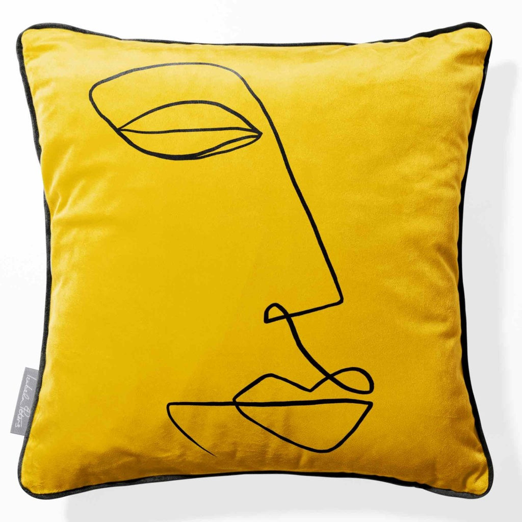 Joyful Face | Sustainable Velvet Cushion - Mustard Ochre 40 x 40 cm Piped by Izabela Peters