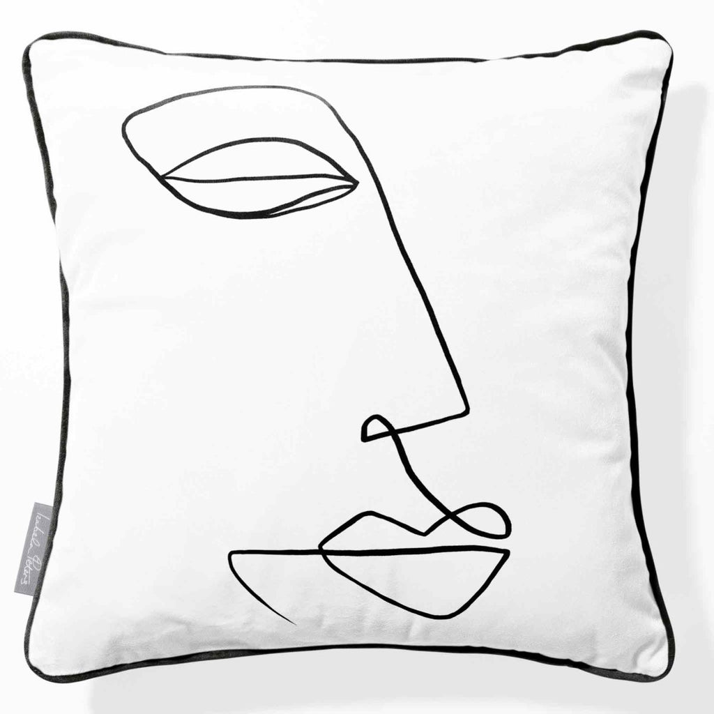Joyful Face | Sustainable Velvet Cushion - White & Black 40 x 40 cm Piped by Izabela Peters