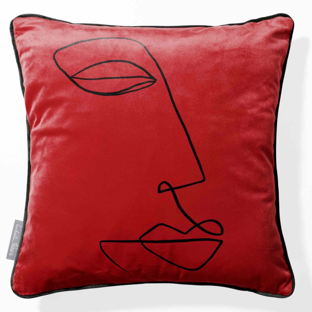Joyful Face | Sustainable Velvet Cushion - Crimson Muse 40 x 40 cm Piped by Izabela Peters