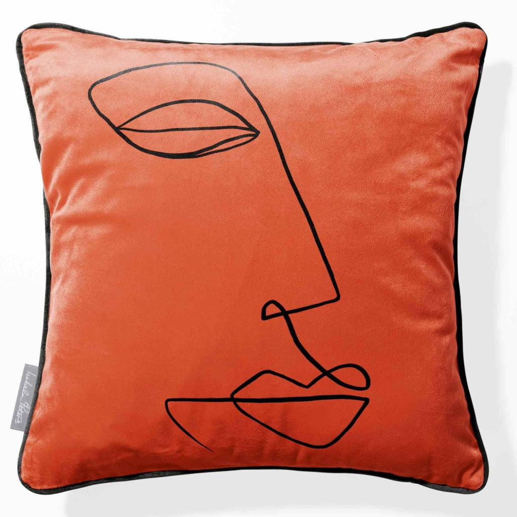 Joyful Face | Sustainable Velvet Cushion - Burnt Ochre 40 x 40 cm Piped by Izabela Peters