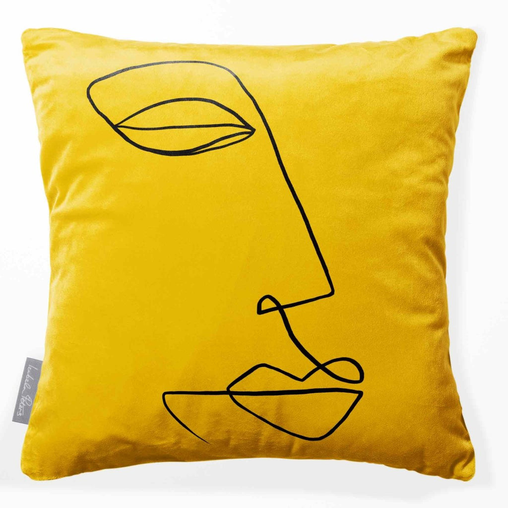 Joyful Face | Sustainable Velvet Cushion - Mustard Ochre 40 x 40 cm Standard by Izabela Peters