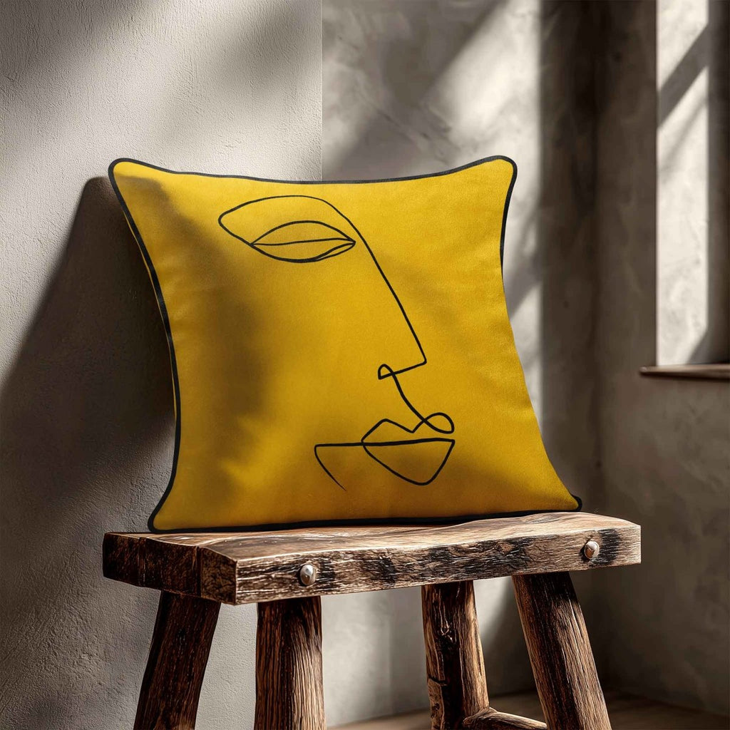 Joyful Face | Sustainable Velvet Cushion - Mustard Ochre 40 x 40 cm Standard by Izabela Peters