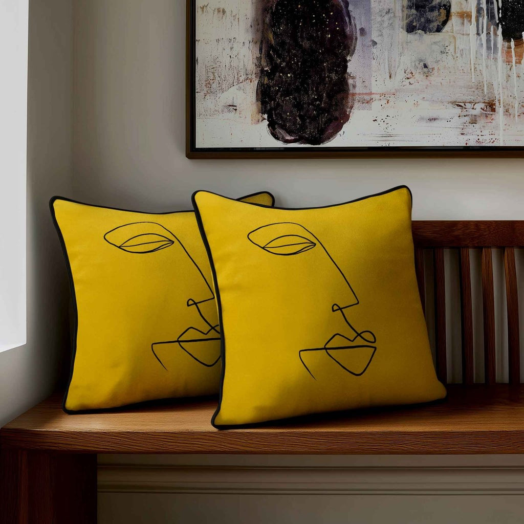Joyful Face | Sustainable Velvet Cushion - Mustard Ochre 40 x 40 cm Standard by Izabela Peters