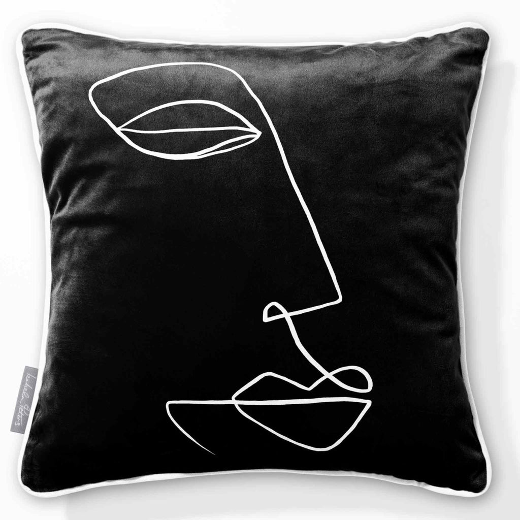 Joyful Face | Sustainable Velvet Cushion - Black & White 40 x 40 cm Piped by Izabela Peters