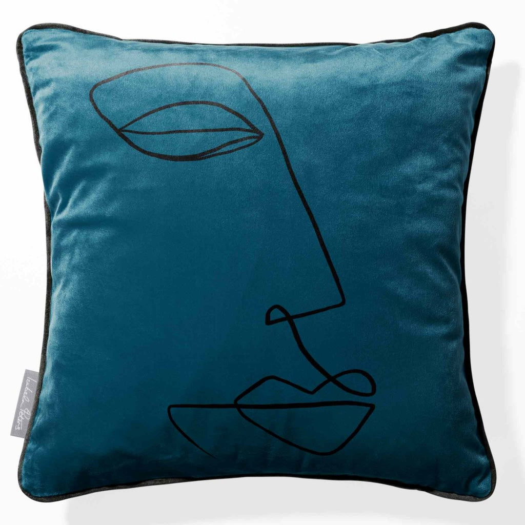 Joyful Face | Sustainable Velvet Cushion - Teal 40 x 40 cm Piped by Izabela Peters