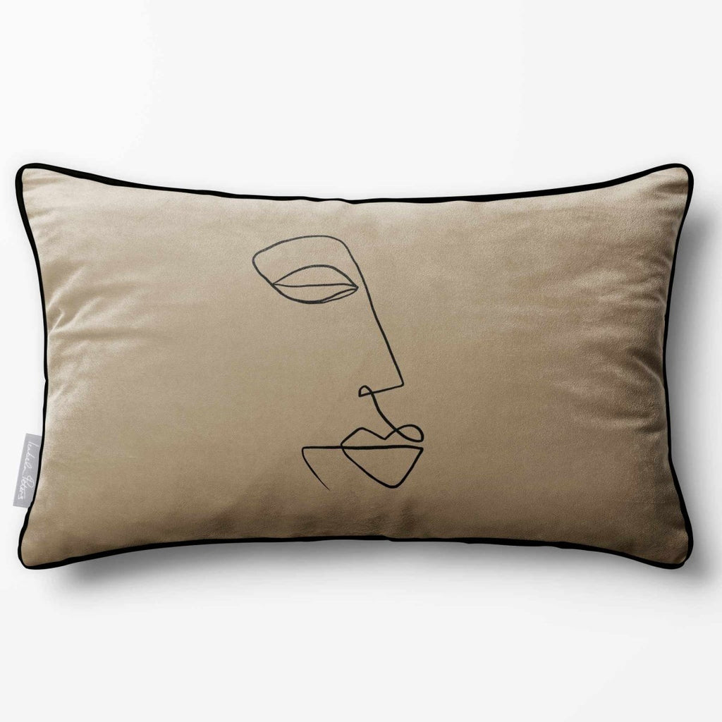 Joyful Face | Sustainable Velvet Rectangle Cushion - Taupe 50 x 30 cm Piped by Izabela Peters