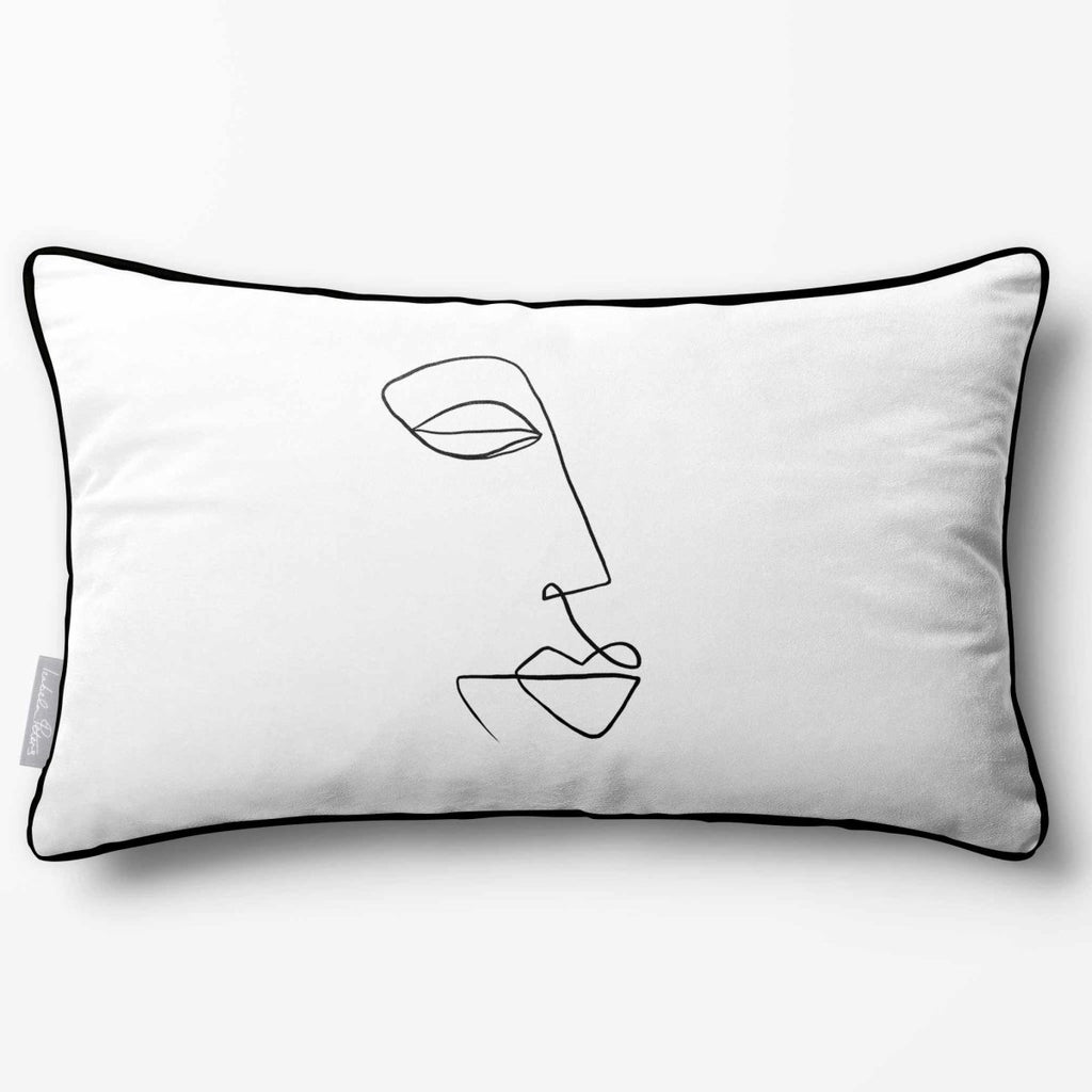 Joyful Face | Sustainable Velvet Rectangle Cushion - White & Black 50 x 30 cm Piped by Izabela Peters