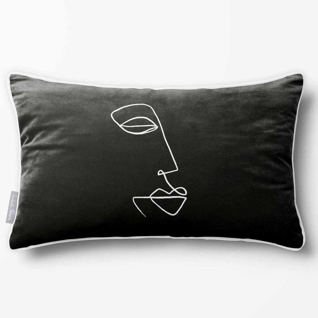 Joyful Face | Sustainable Velvet Rectangle Cushion - Black & White 50 x 30 cm Piped by Izabela Peters