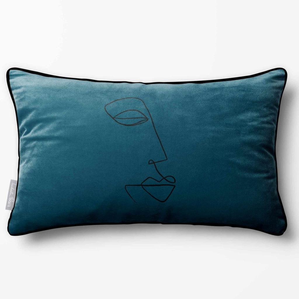 Joyful Face | Sustainable Velvet Rectangle Cushion - Teal 50 x 30 cm Piped by Izabela Peters
