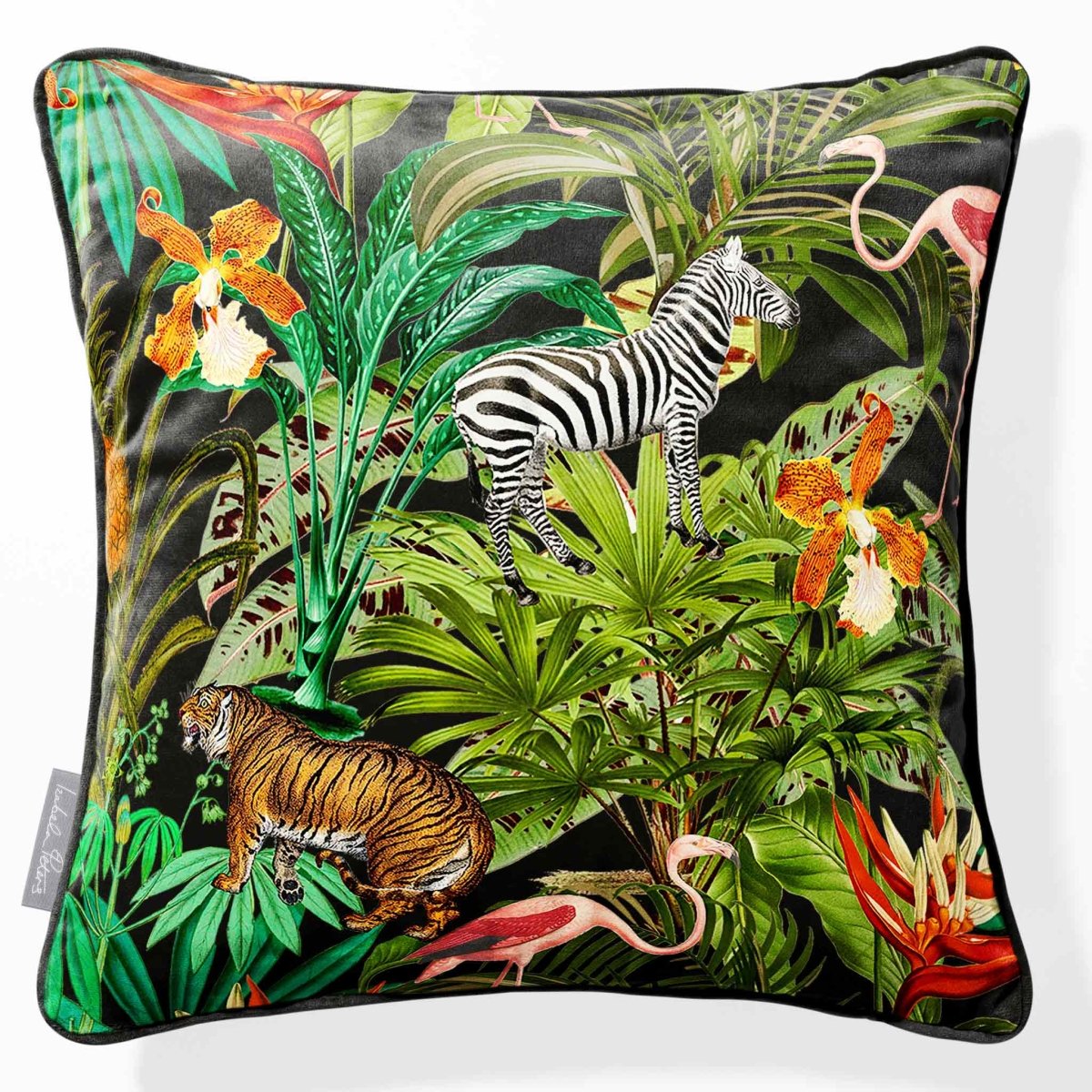 Jungle Fusion | Sustainable Velvet Cushion - Charcoal 40 x 40 cm Piped by Izabela Peters