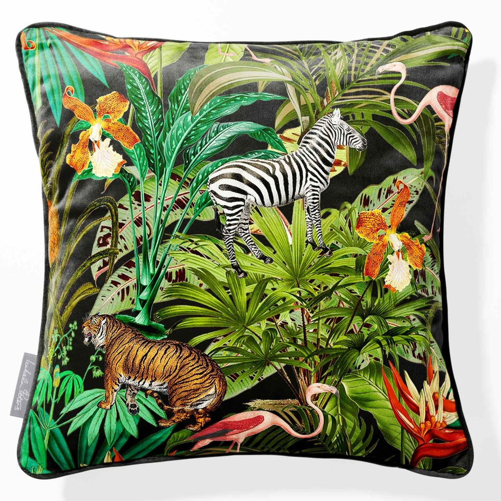Jungle Fusion | Sustainable Velvet Cushion - Charcoal 40 x 40 cm Piped by Izabela Peters
