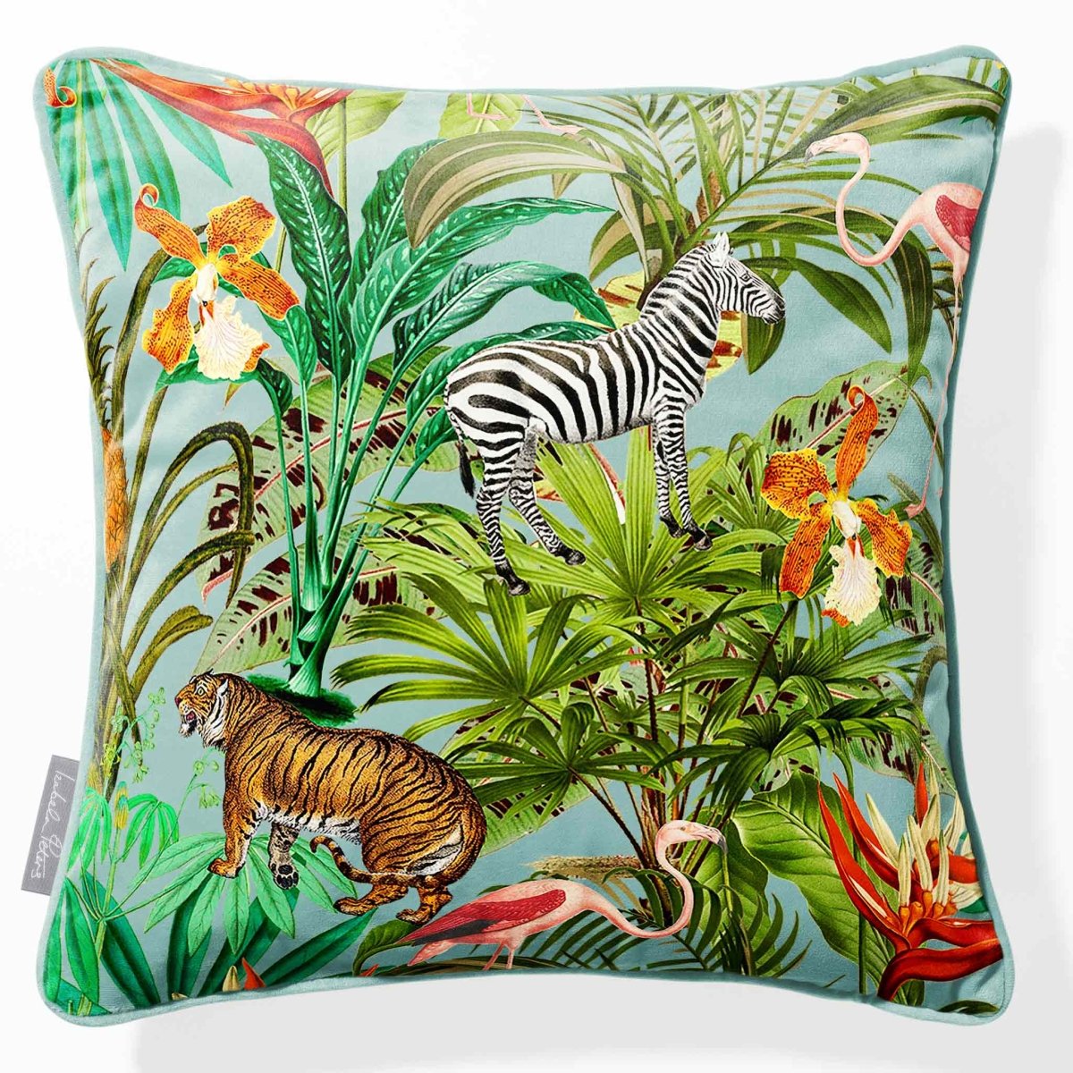 Jungle Fusion | Sustainable Velvet Cushion - Blue Surf 40 x 40 cm Piped by Izabela Peters