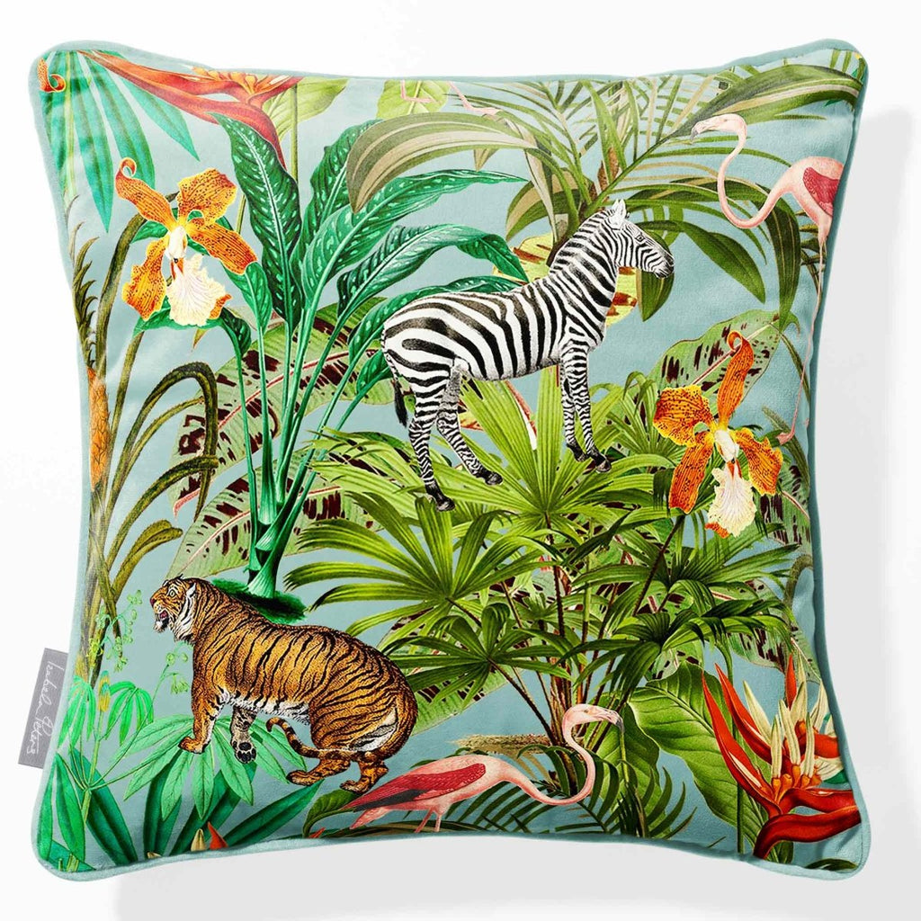 Jungle Fusion | Sustainable Velvet Cushion - Blue Surf 40 x 40 cm Piped by Izabela Peters
